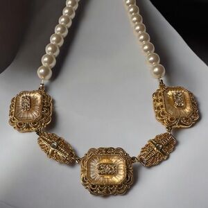 Vintage Limited Edition Edgar Berebi Camphor Glass Faux Pearl Filigree Necklace